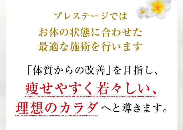 プレステージではお体の状態に合わせた最適な施術を行います 「体質からの改善」を目指し、痩せやすく若々しい、理想のカラダへと導きます。