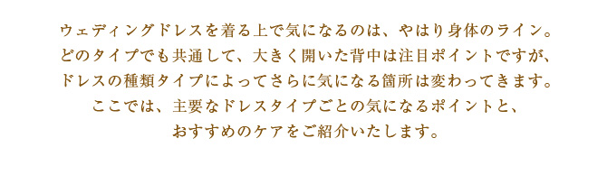 ウェディングドレスを着る上で気になるのは、やはり身体のライン。
どのタイプでも共通して、大きく開いた背中は注目ポイントですが、
ドレスの種類タイプによってさらに気になる箇所は変わってきます。
ここでは、主要なドレスタイプごとの気になるポイントと、
おすすめのケアをご紹介いたします。